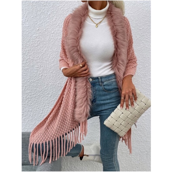 BellanBlue Sweaters - Dusty Pink Vegan Fur Fringe Open Front Cardigan Sweater Shawl